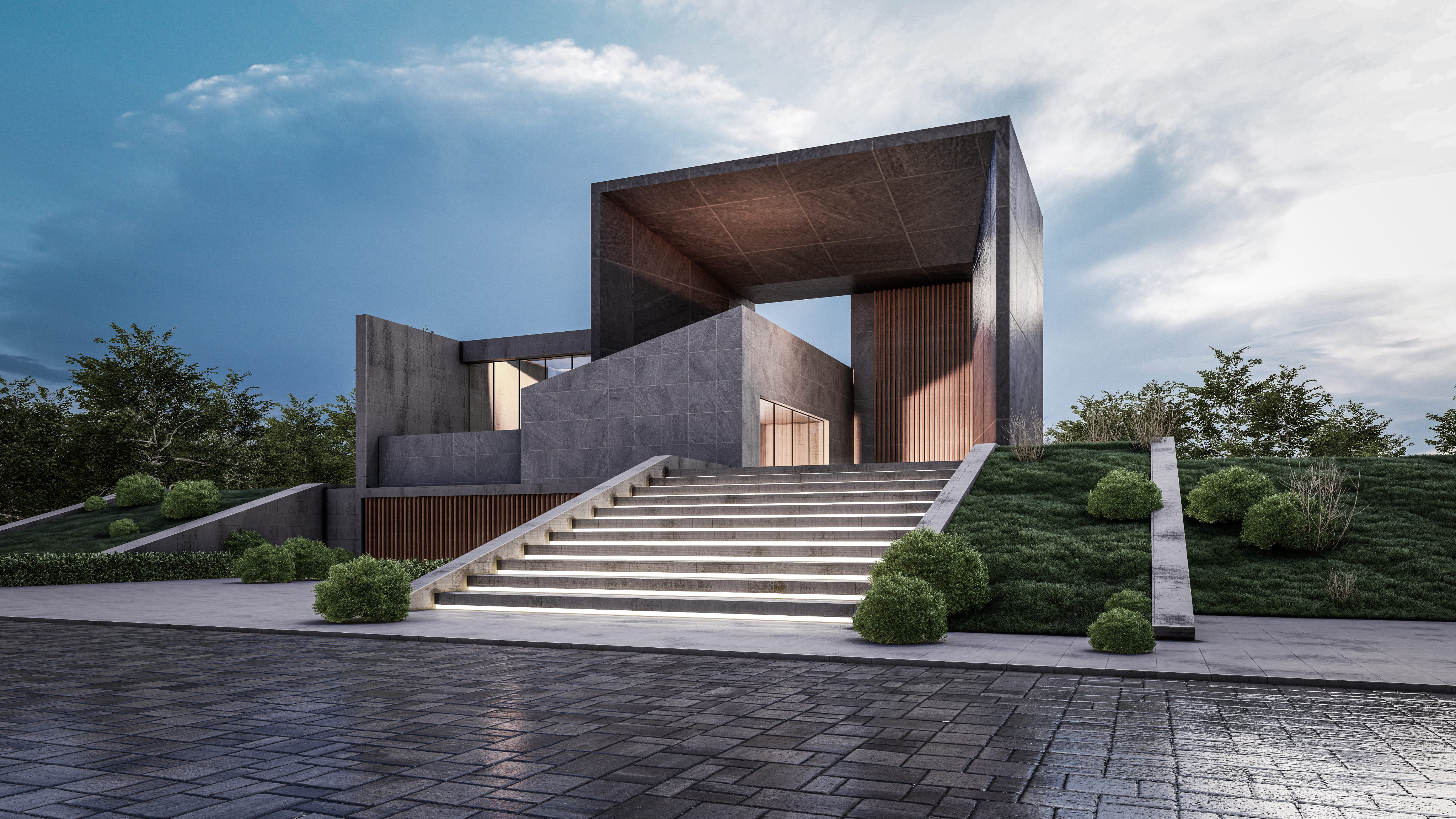 Arquitectura de casa minimalista moderna con paisaje natural